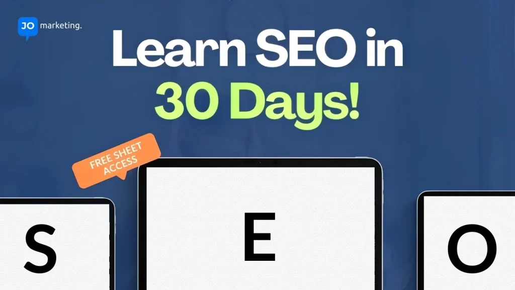 Learn SEO in 30 days promotional graphic with SEO letters on laptop screens