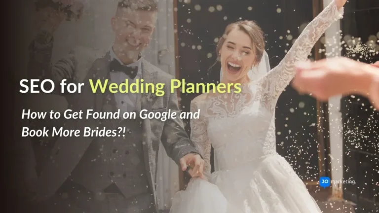 SEO for wedding planners graphic showing a newlywed couple celebrating and promoting Google visibility and bookings